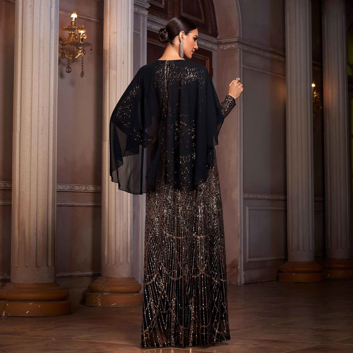 Gold Round Neck Sequin Chiffon Cape Long Sleeve Column Maxi Gown