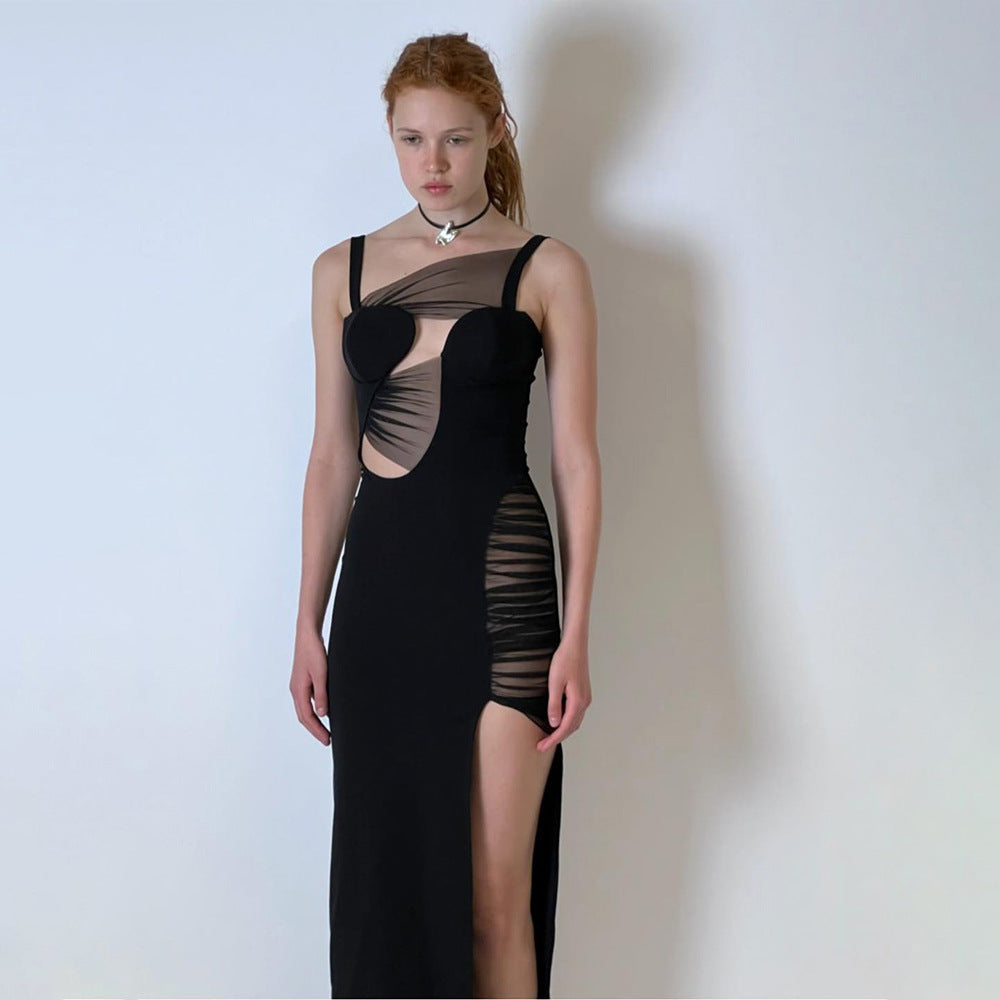 Black Low Elastic Mesh Mini Dress Strap Maxi Dress