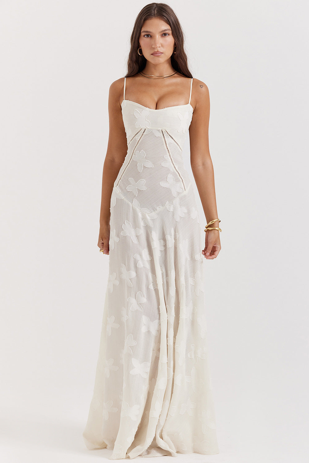 Spaghetti Strap Floral Jacquard Lace-Up Side Satin Maxi Dress