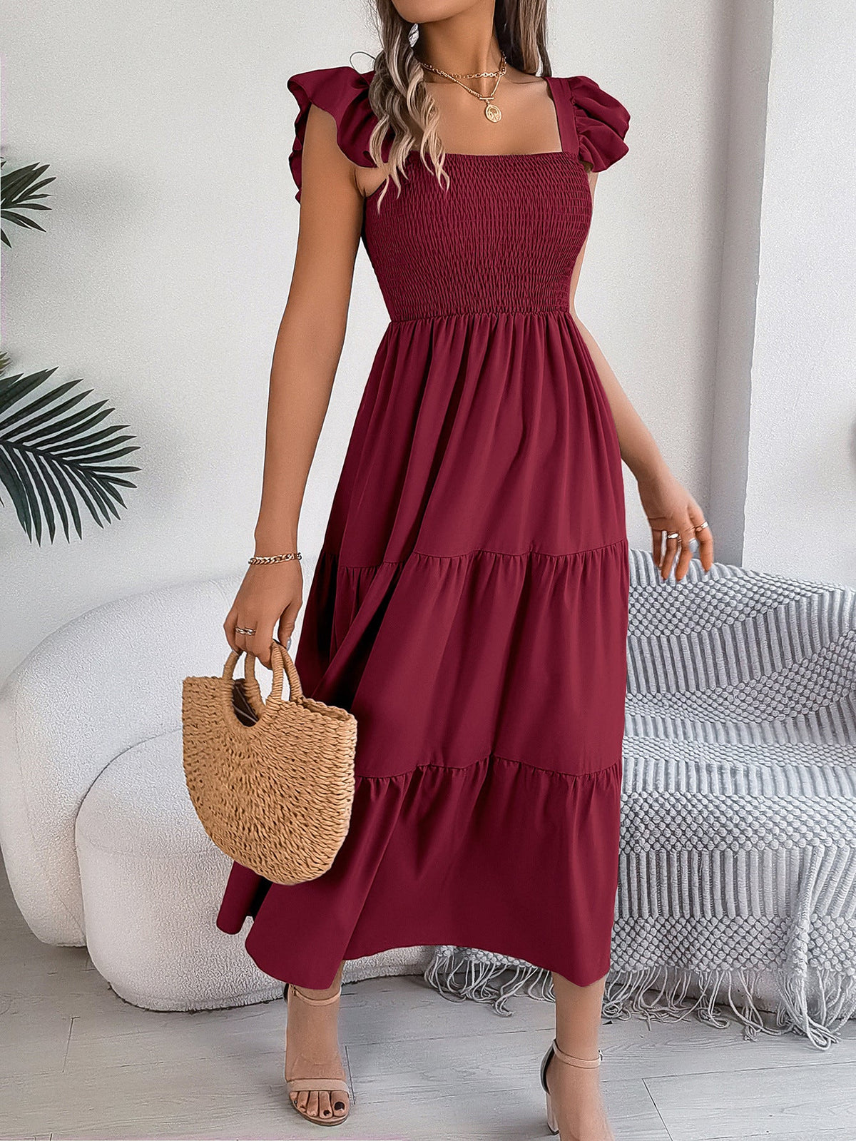 Wine Red Square Neck Flutter Sleeve Shirred Tiered Flowy Midi Dress