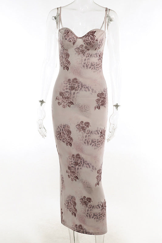 Spaghetti Strap Lace Trim Floral Mesh Corset Bodycon Maxi Dress