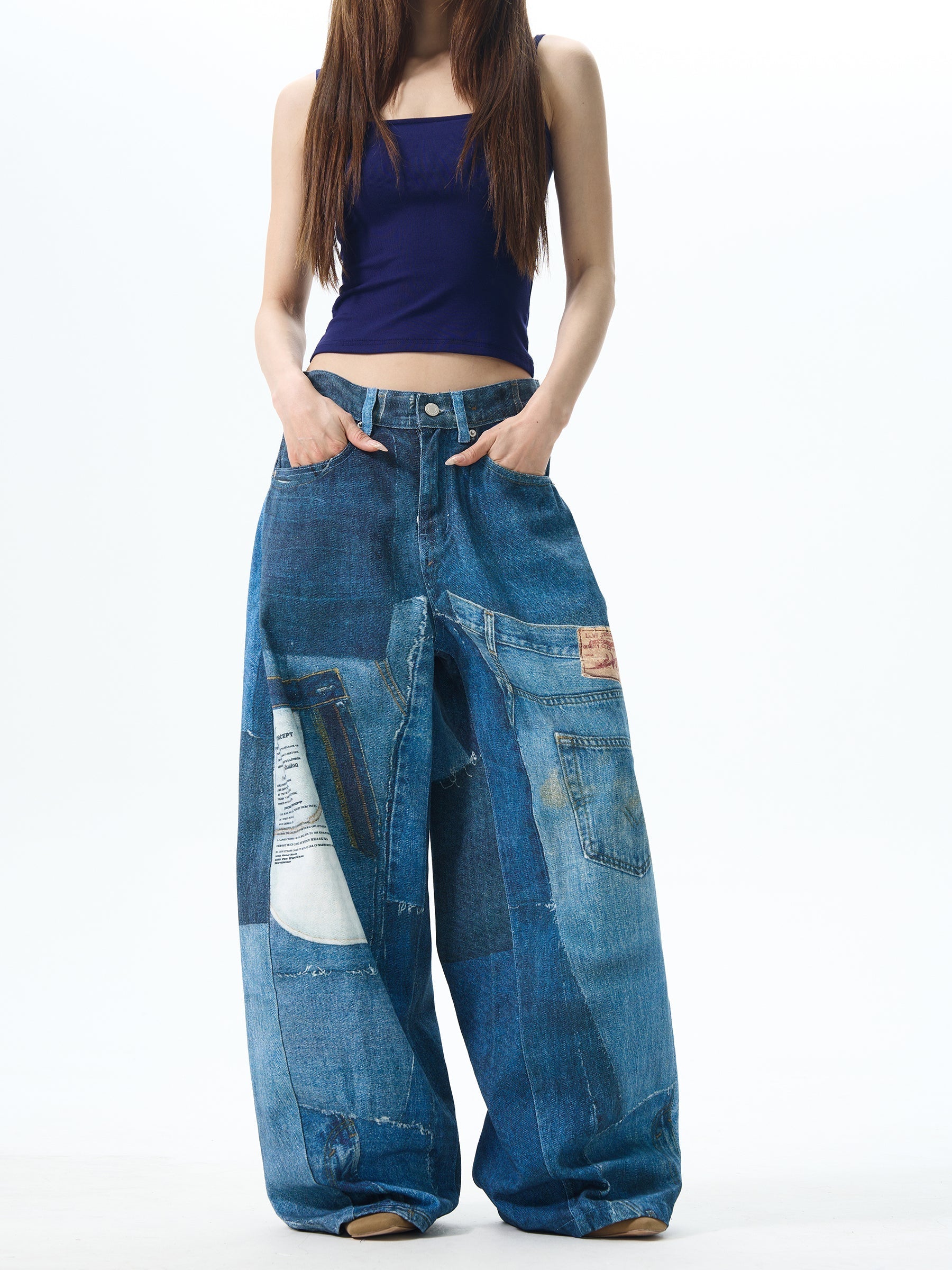 Patchwork Wide Leg Denim Jeans