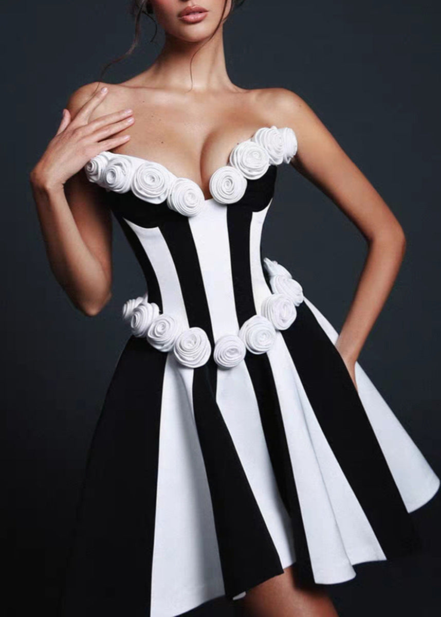 Monet Strapless Rosette Mini Dress Black & White Sculpted Fit and Flare