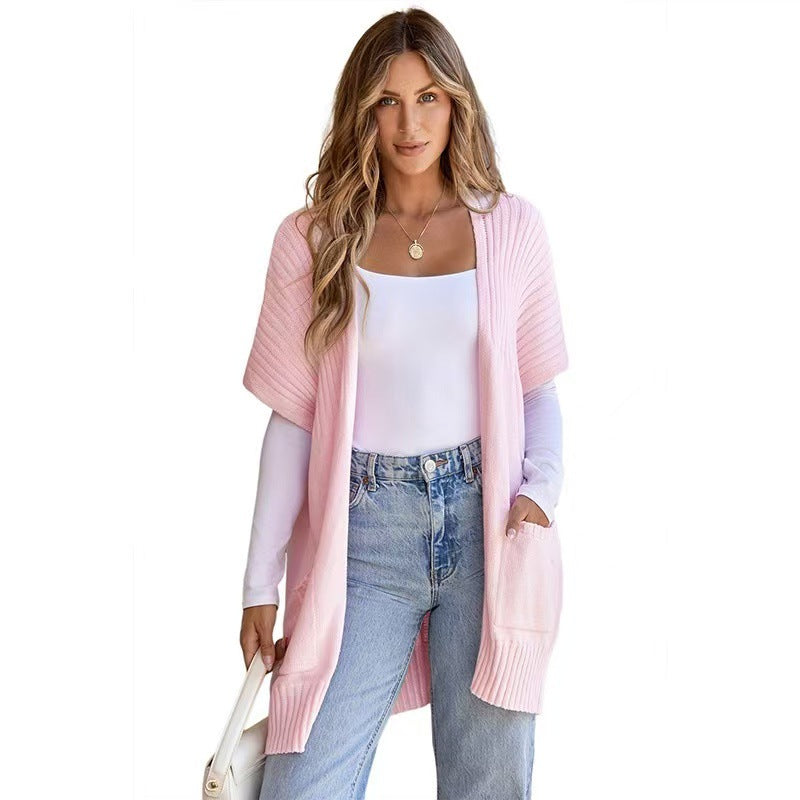 Open Front Ribbed Knit Short Sleeve Patch Pocket Cardigan