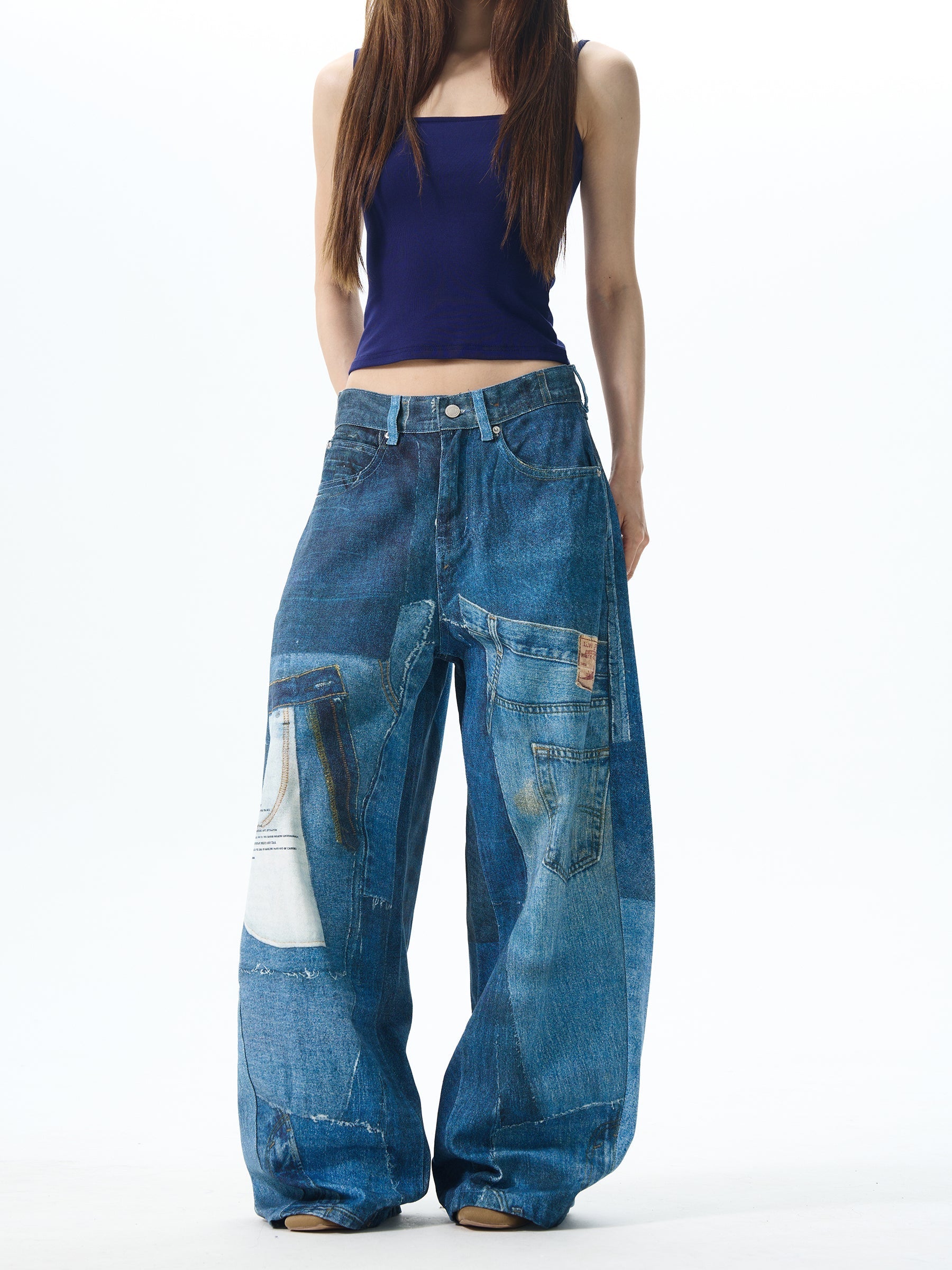 Patchwork Wide Leg Denim Jeans