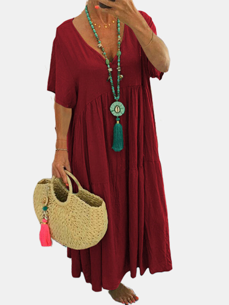 V-Neck Short Sleeve Tiered A-Line Flowy Maxi Dress