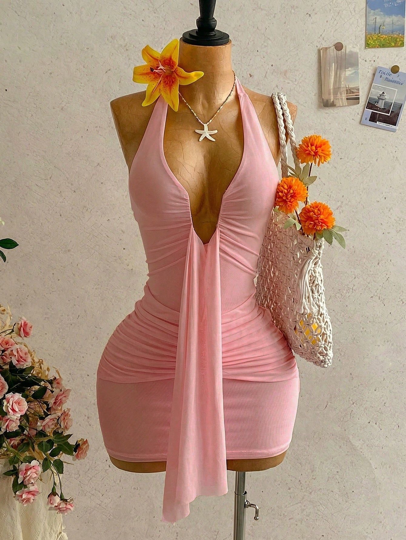 Solid Halter Backless Ruched Mini Bodycon Dress