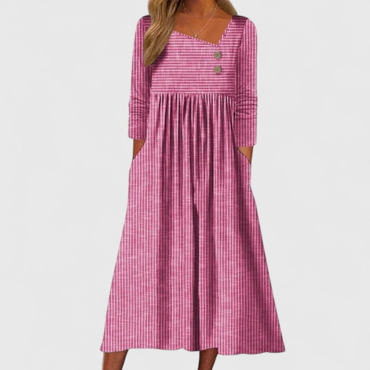 Asymmetric Neck Pinstripe Button Long Sleeve Empire Waist Maxi Dress