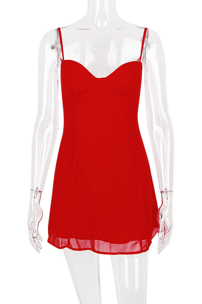 Red Sweetheart Spaghetti Strap Bustier Fit Flare Mini Dress