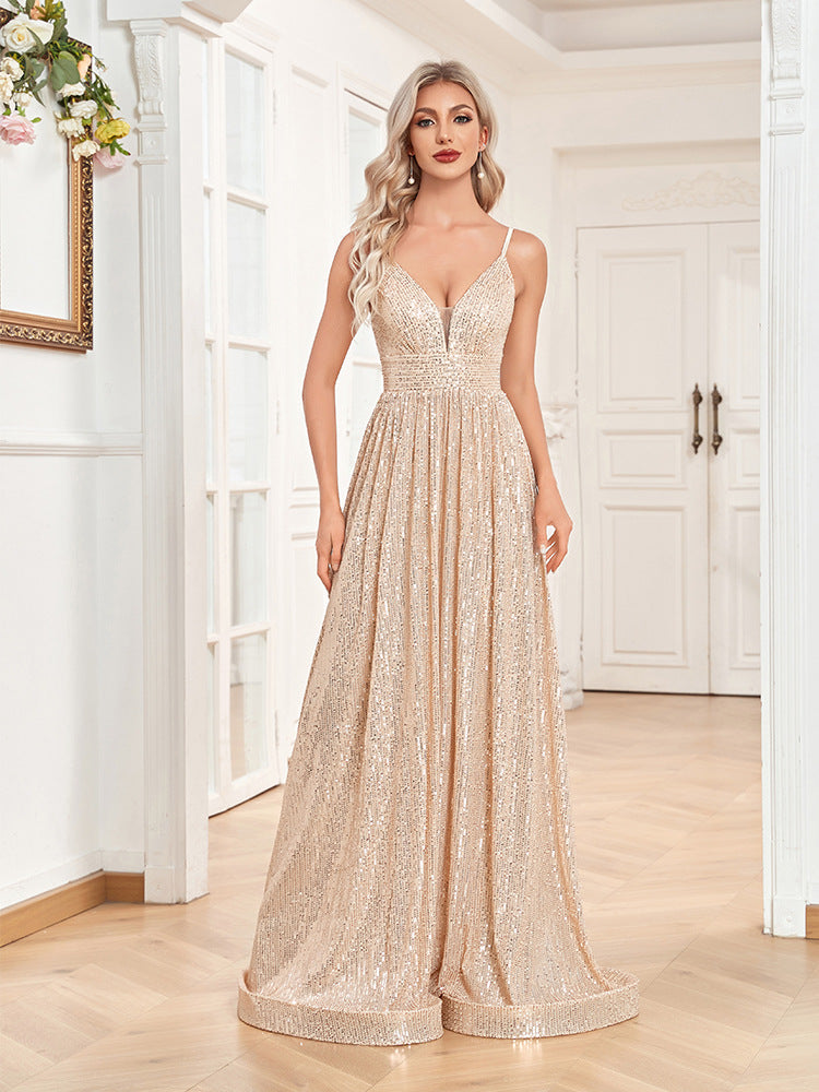 Sequined Backless Evening Dress Deep V Plunge neck Bridesmaid Dress Party Formal Dress Cocktail