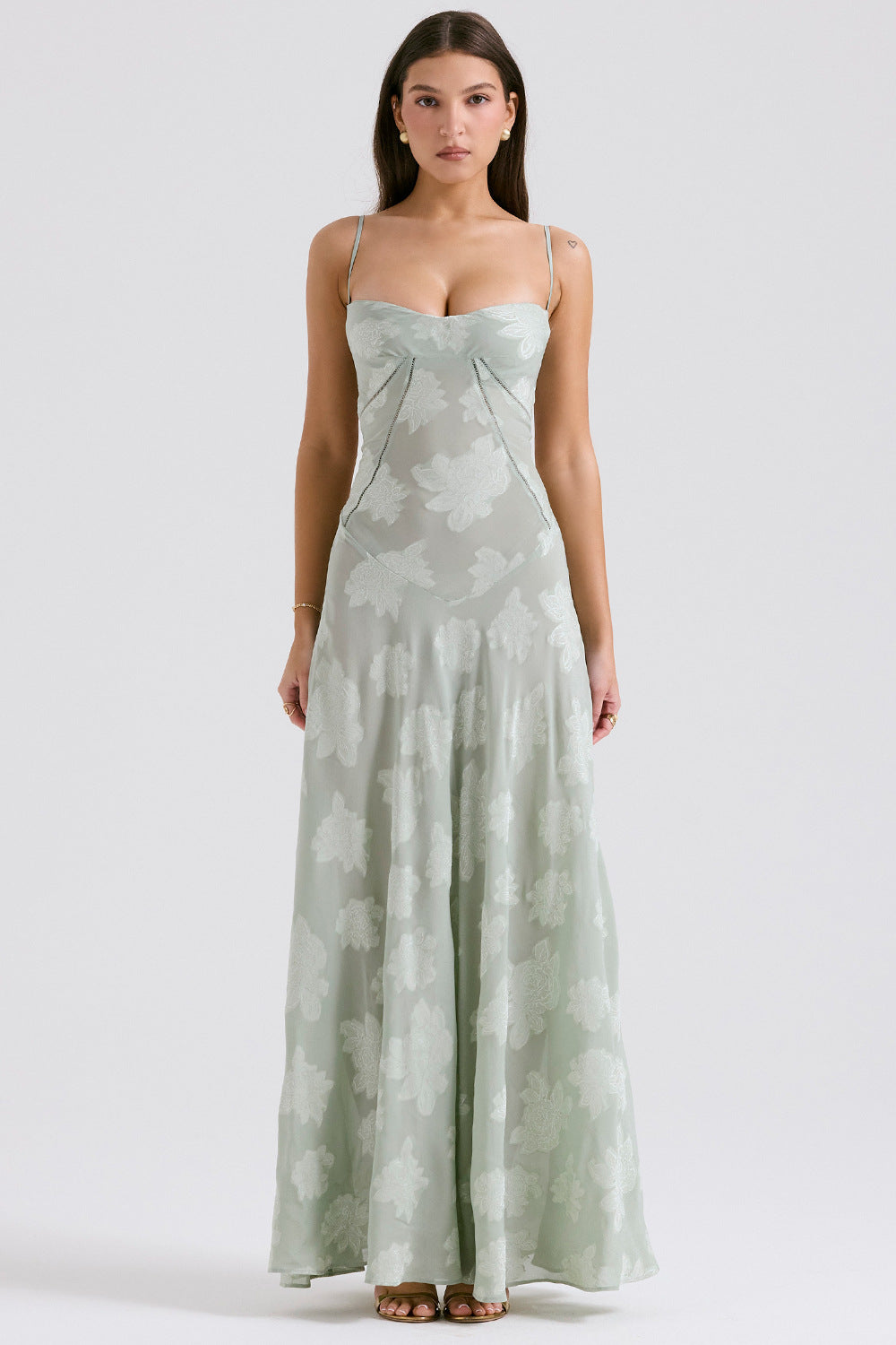 Spaghetti Strap Floral Jacquard Lace-Up Side Satin Maxi Dress