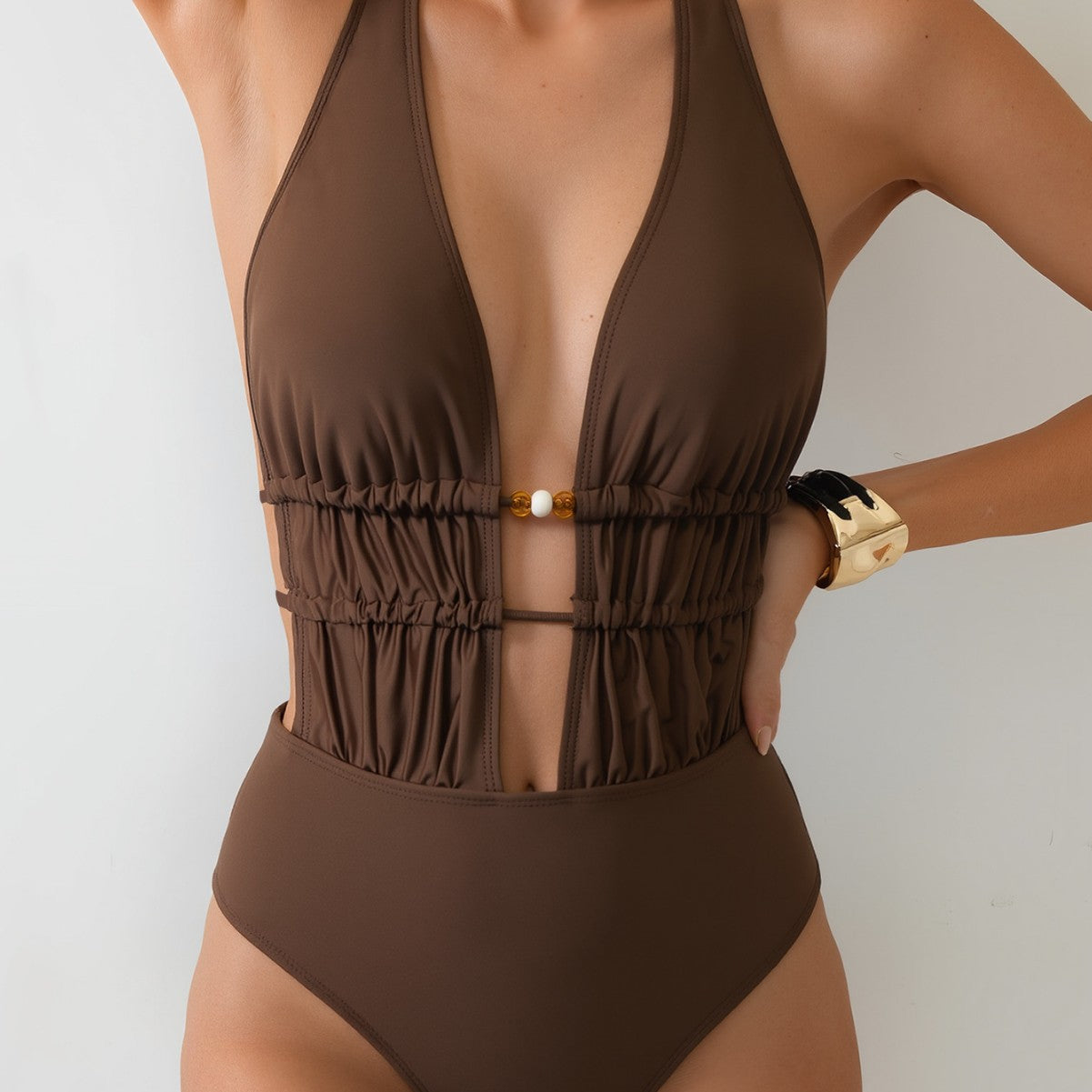 Bikini Solid Color Lace up One Piece Sexy Backless Siamese Bikini Swimsuit
