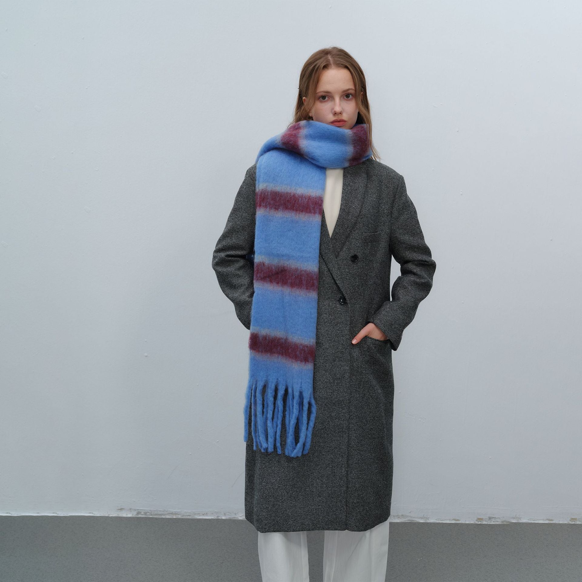 Thickened Warm Simple Striped Imitationmohair Plaid Scarf