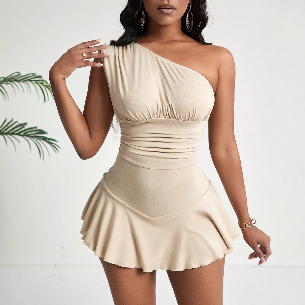 Spring Summer Women Clothing Elegant Intellectual Dress Diagonal Collar High Waist Flying Dress