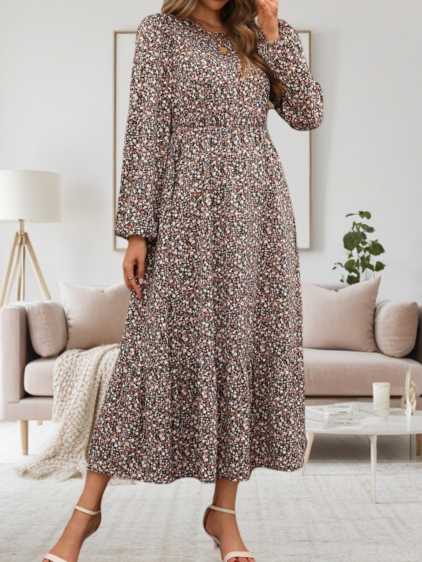 Luisa Chic Women's Floral Print Midi Dress with Long Sleeves Silhouette Collection