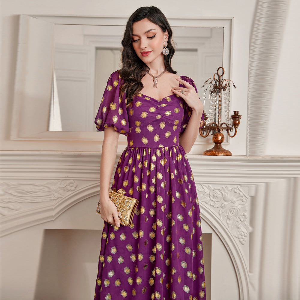 Fashionable Elegant Gilding Puff Sleeve High Waist Dress