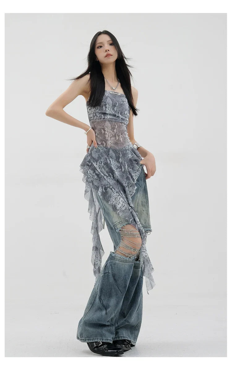 Black Asymmetric Ribbon Strap Tank Top With Ruffle Edge Design