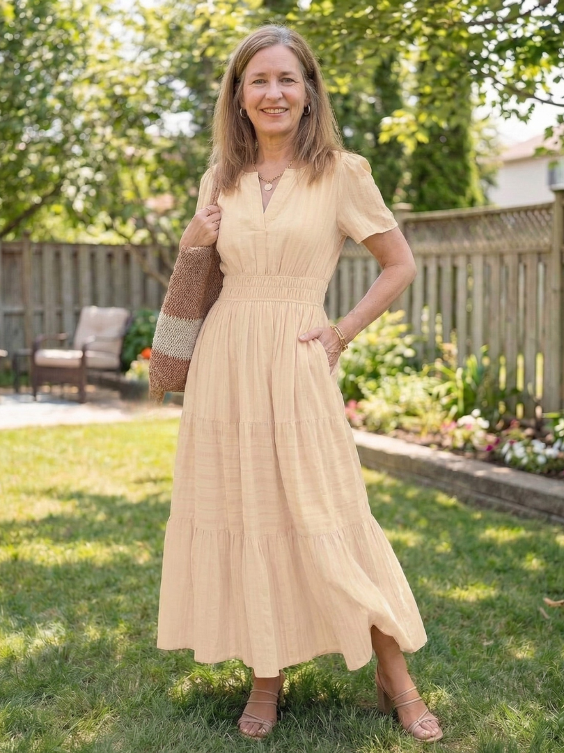 Notch Neck Short Sleeve Smocked Waist Tiered Maxi Dress