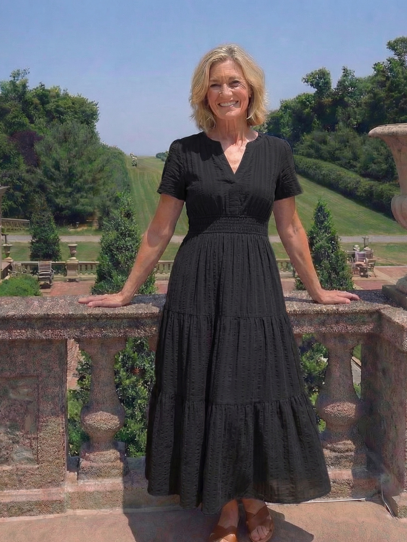 Notch Neck Short Sleeve Smocked Waist Tiered Maxi Dress