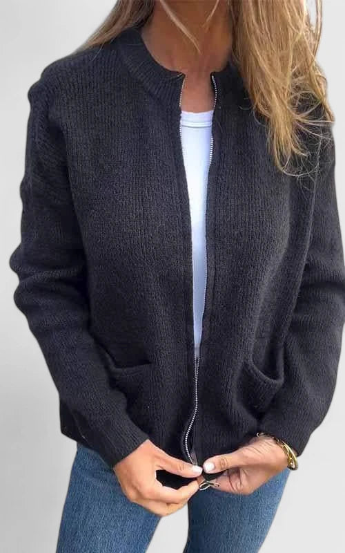 Ribbed Knit Zip-Front Pocket Long Sleeve Bomber Jacket