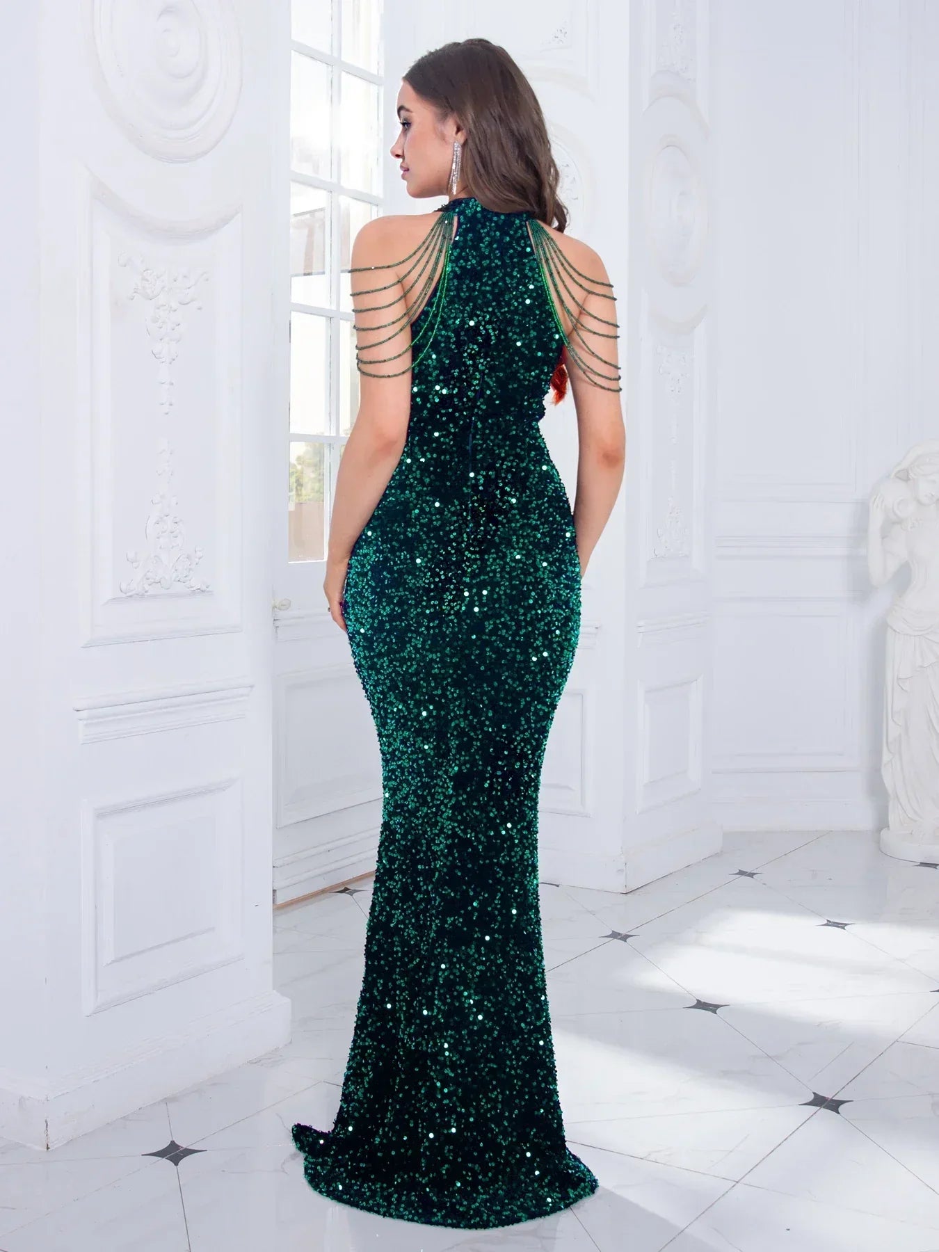 Beaded Sequin Halter Party Dress