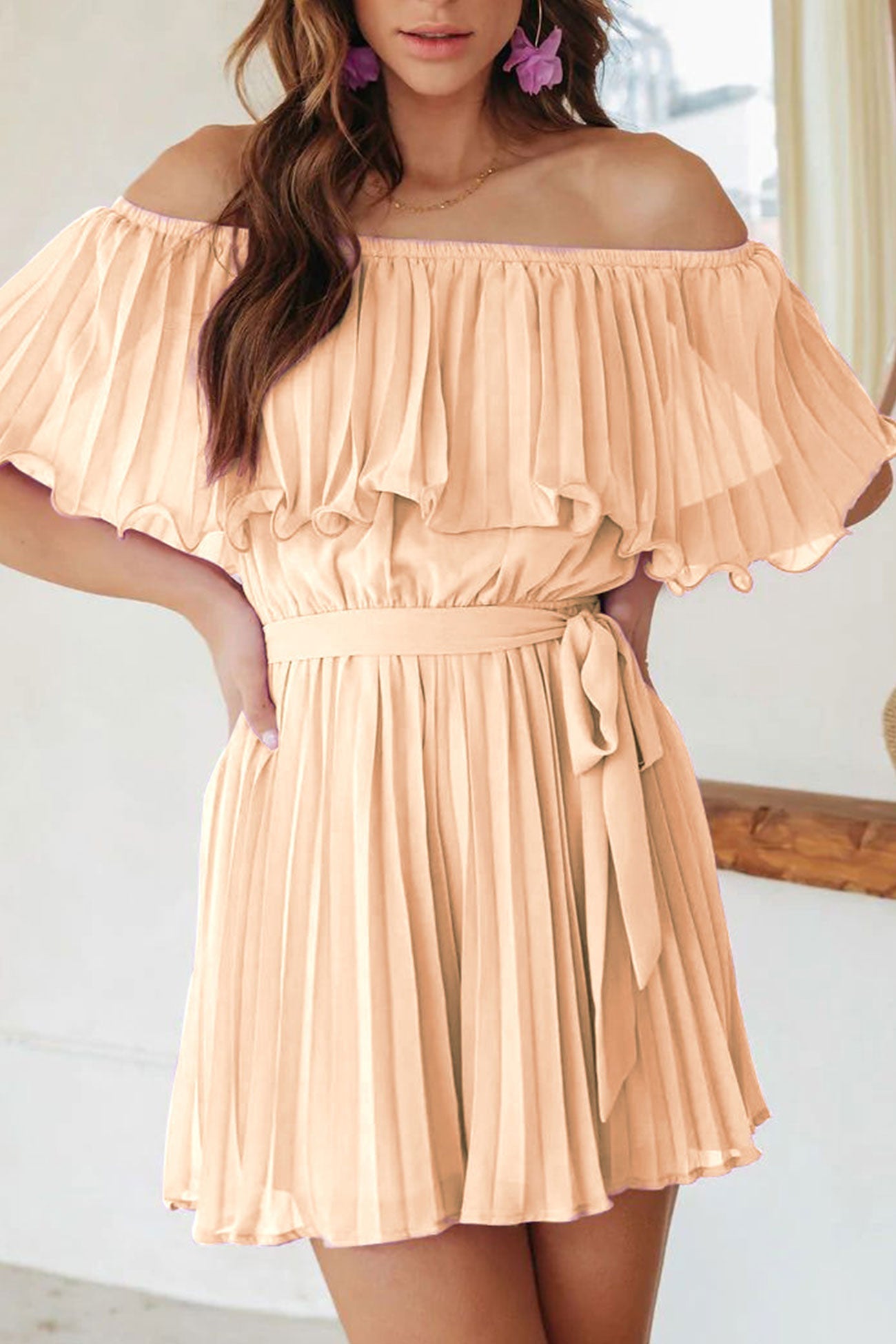 Off Shoulder Pleated Tie-Waist Rompers Apricot / S