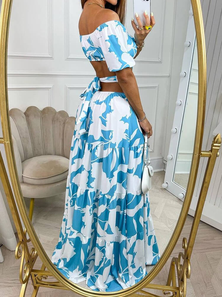 Off-the-shoulder Printed Cutout Lace-up Dress