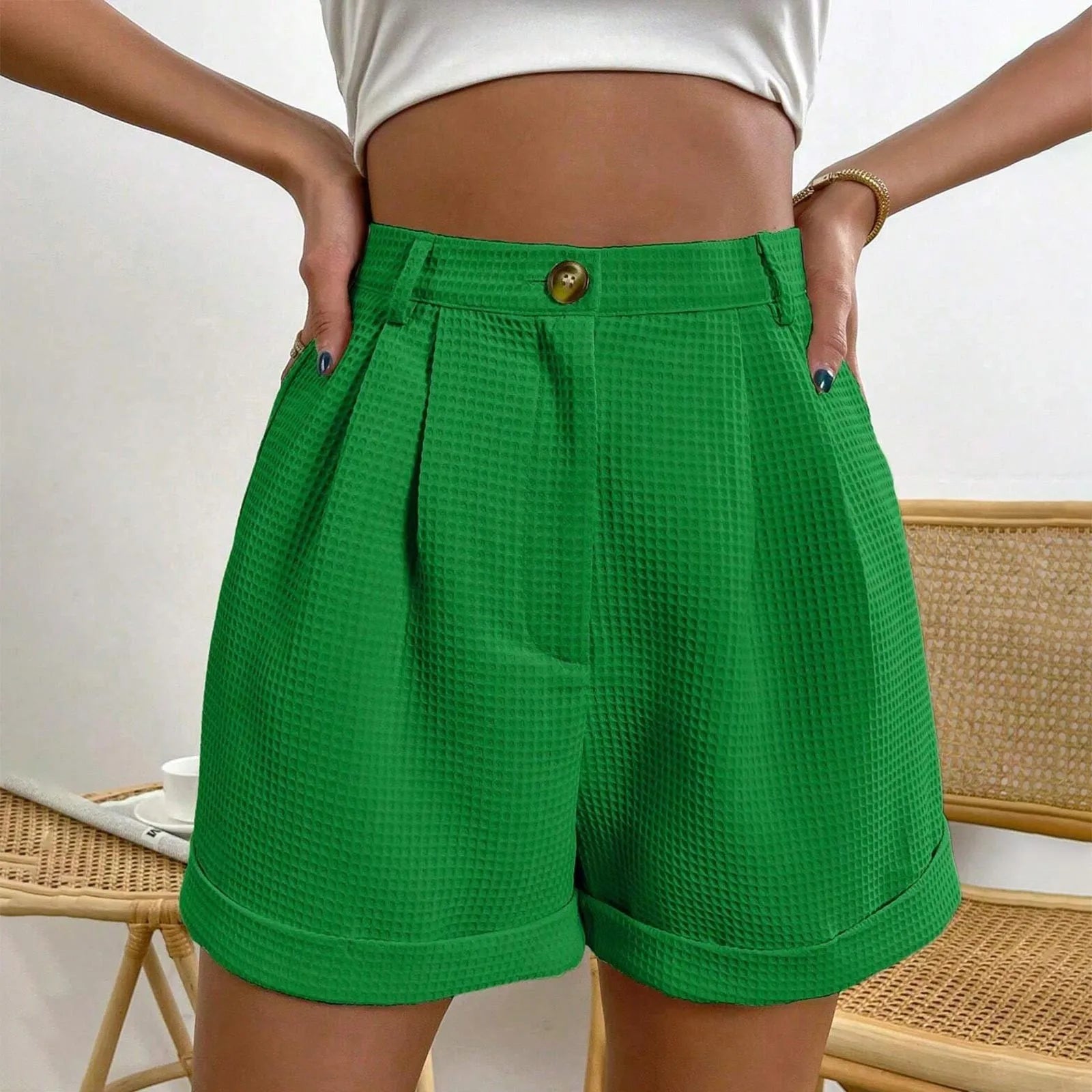 Solid High-Waist Office Lounge Short Green / S short-250223