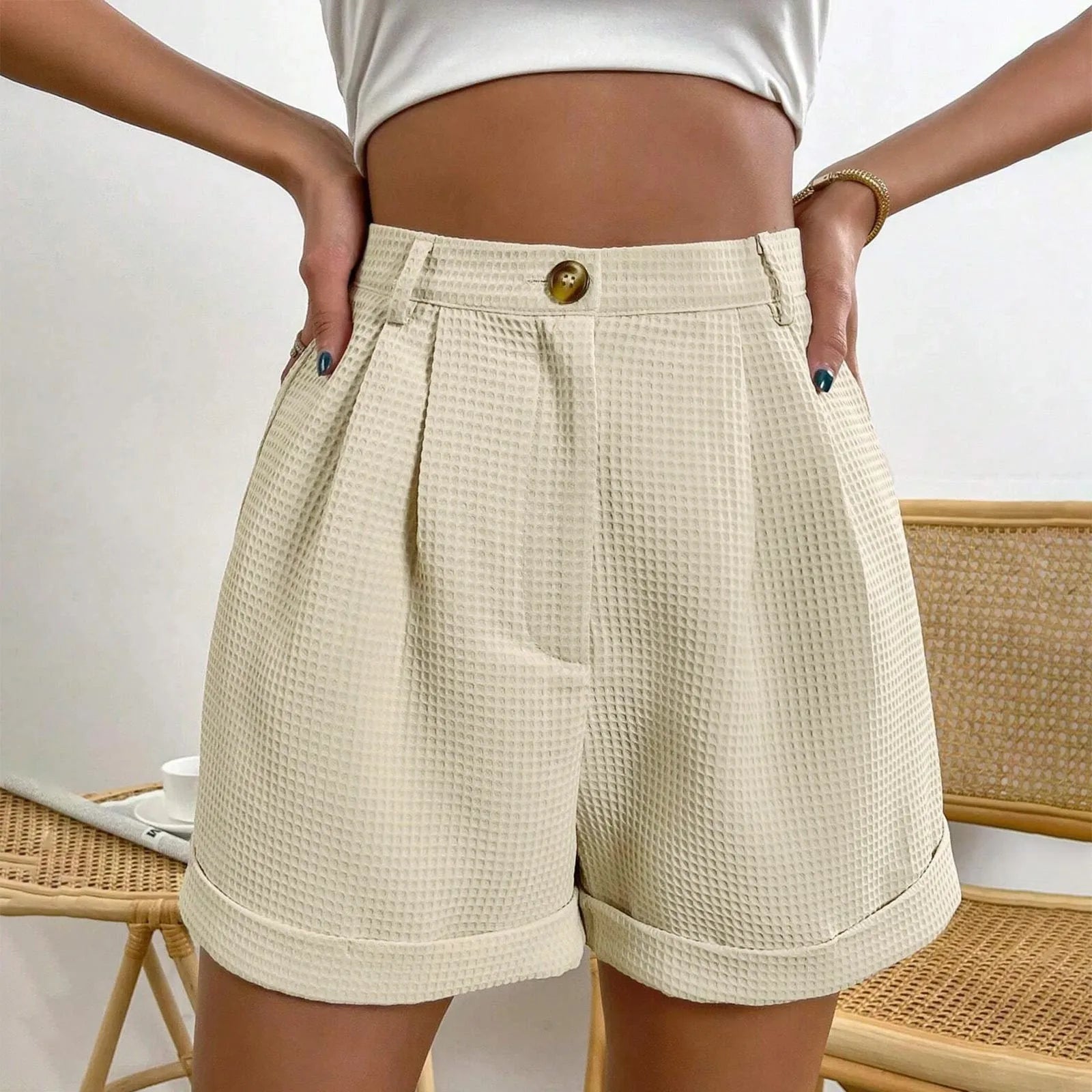 Solid High-Waist Office Lounge Short Beige / S short-250223