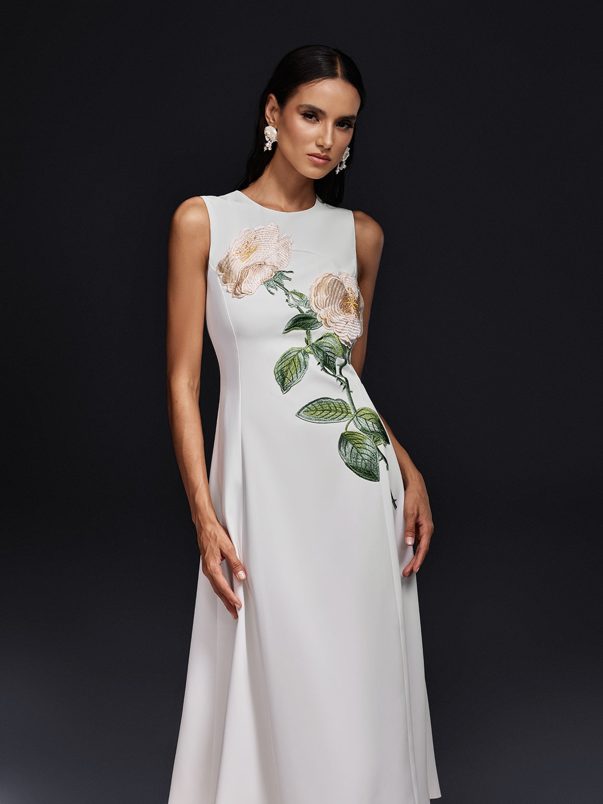 Sleeveless Flower Embroidered Midi Dress In White