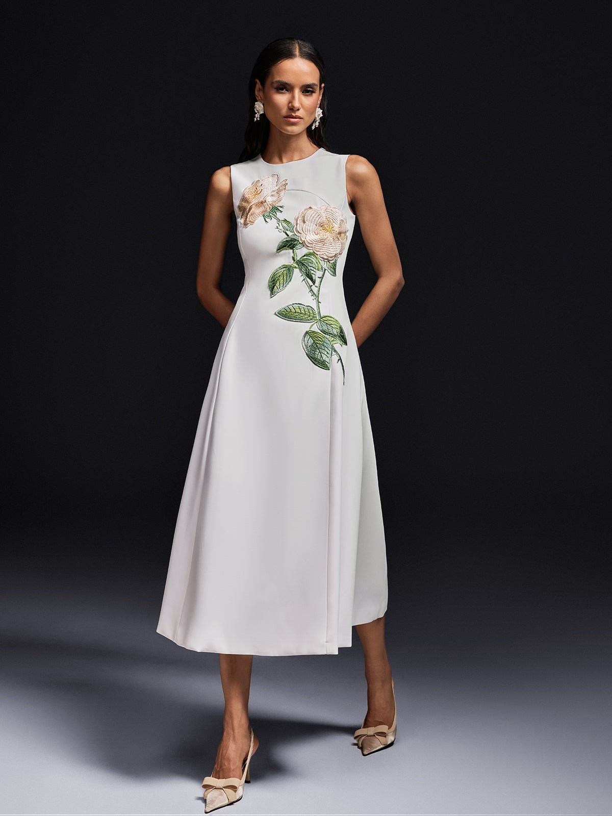 Sleeveless Flower Embroidered Midi Dress In White
