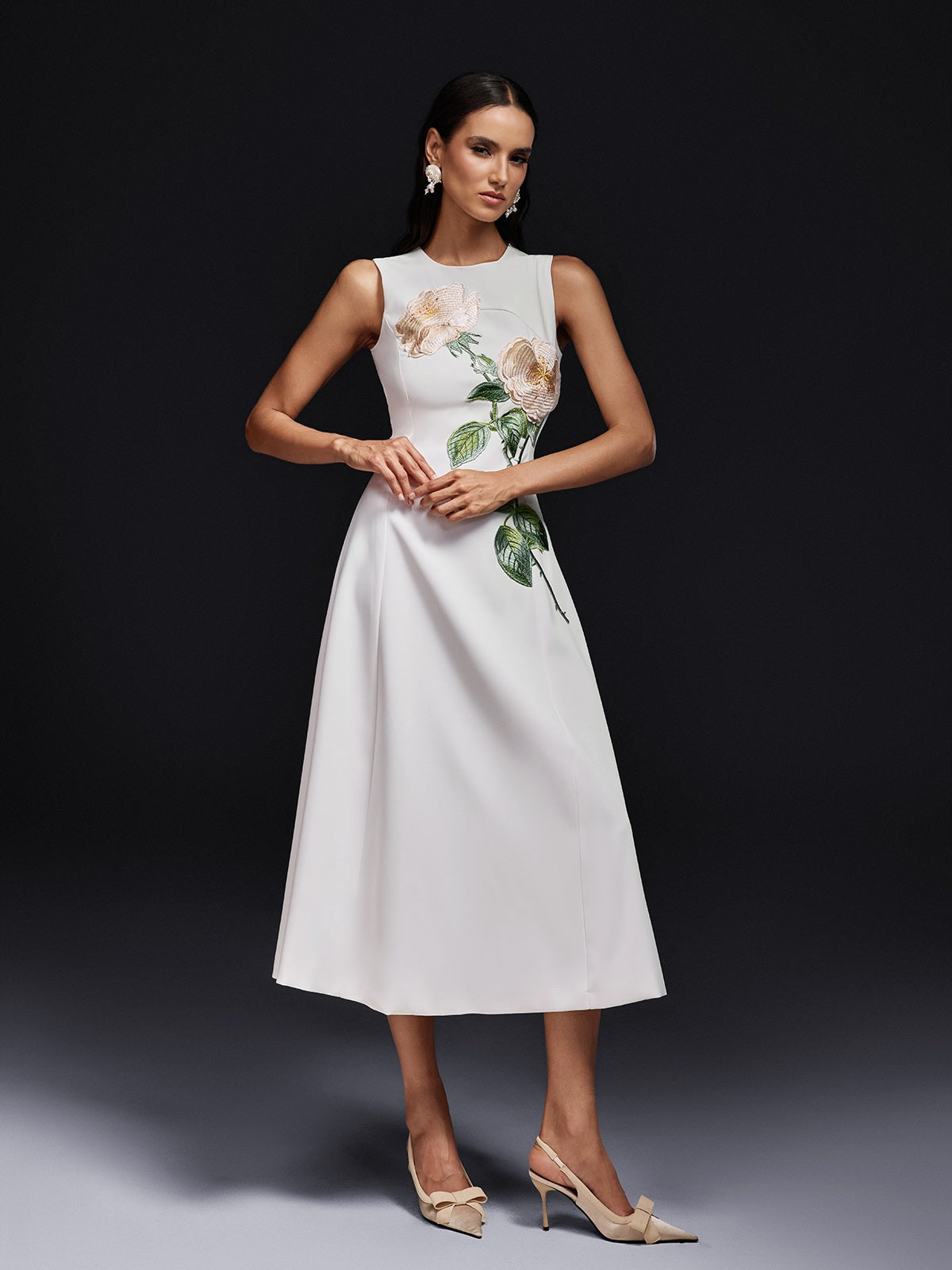 Sleeveless Flower Embroidered Midi Dress In White