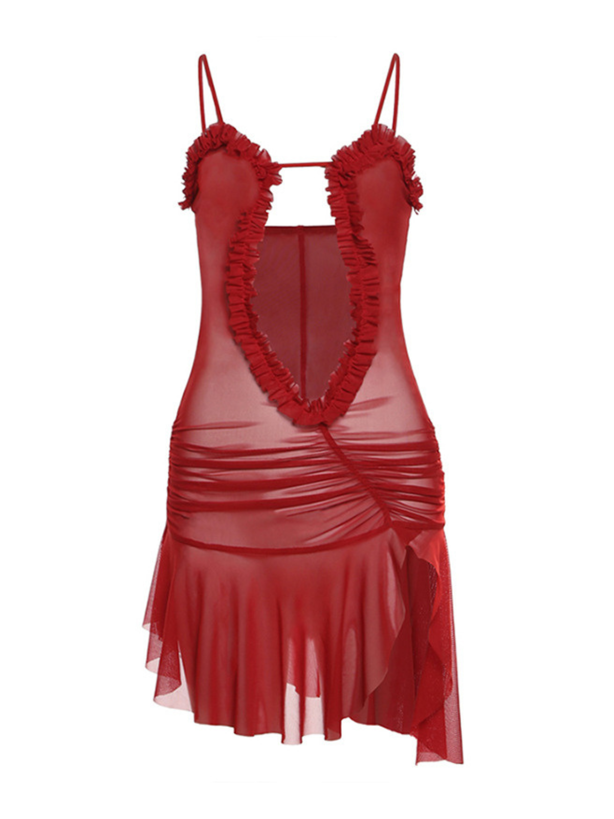 Ruched Printed Mesh Dress In Red