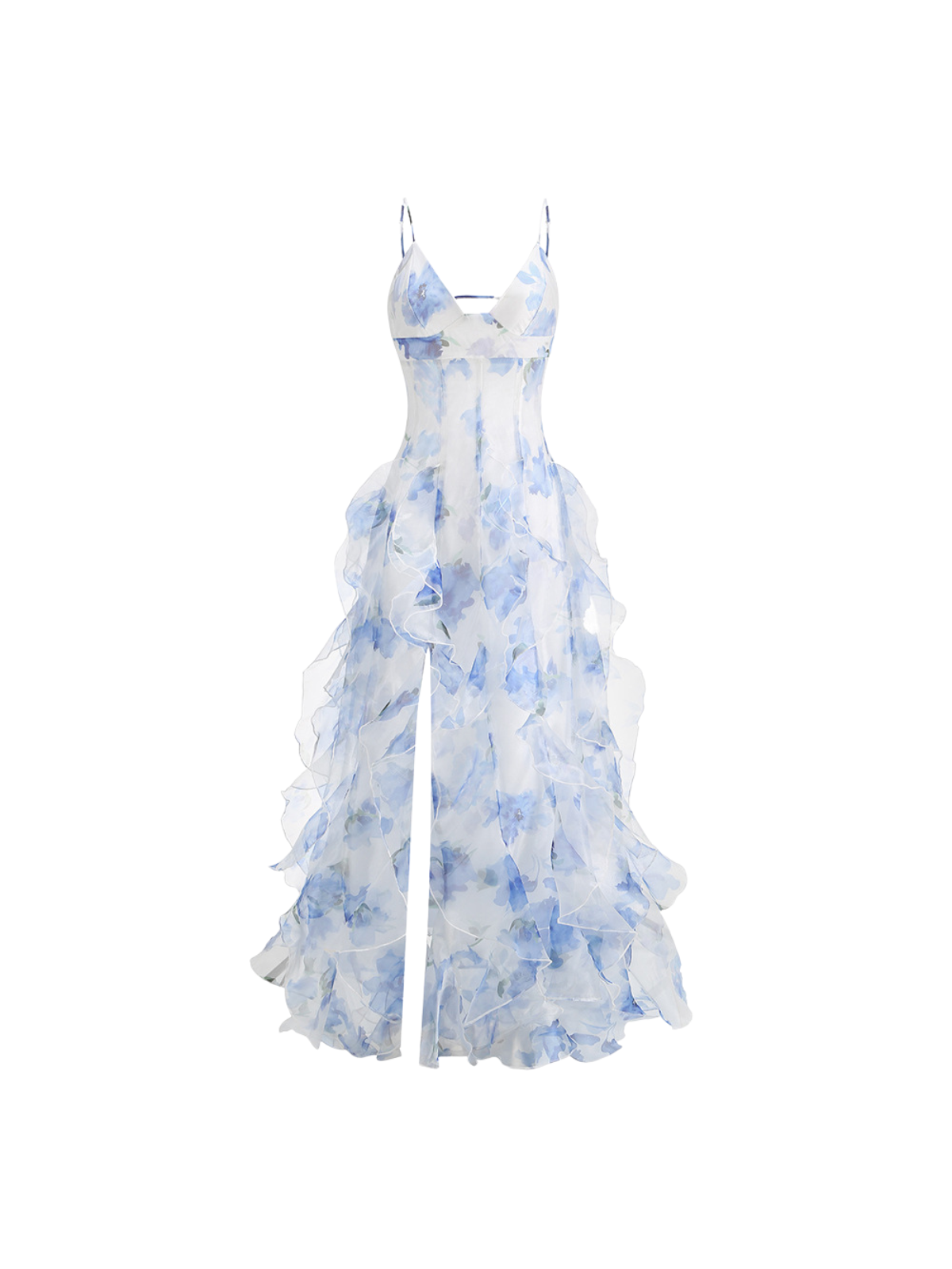 Spaghetti Floral Split Ruffle Maxi Dress