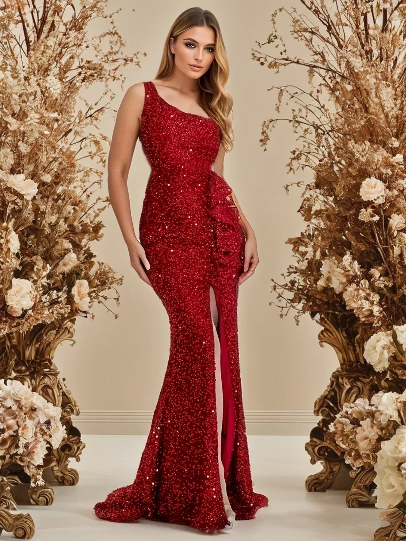 One Shoulder Red Sequined Ruffles Slit Evening Party Backless Lace Party Dress