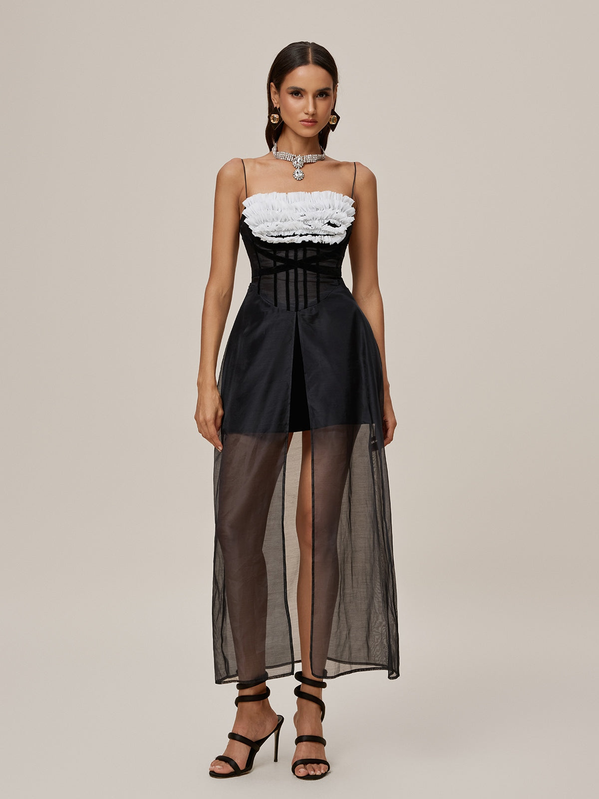 Spaghetti Mesh Split Maxi Dress