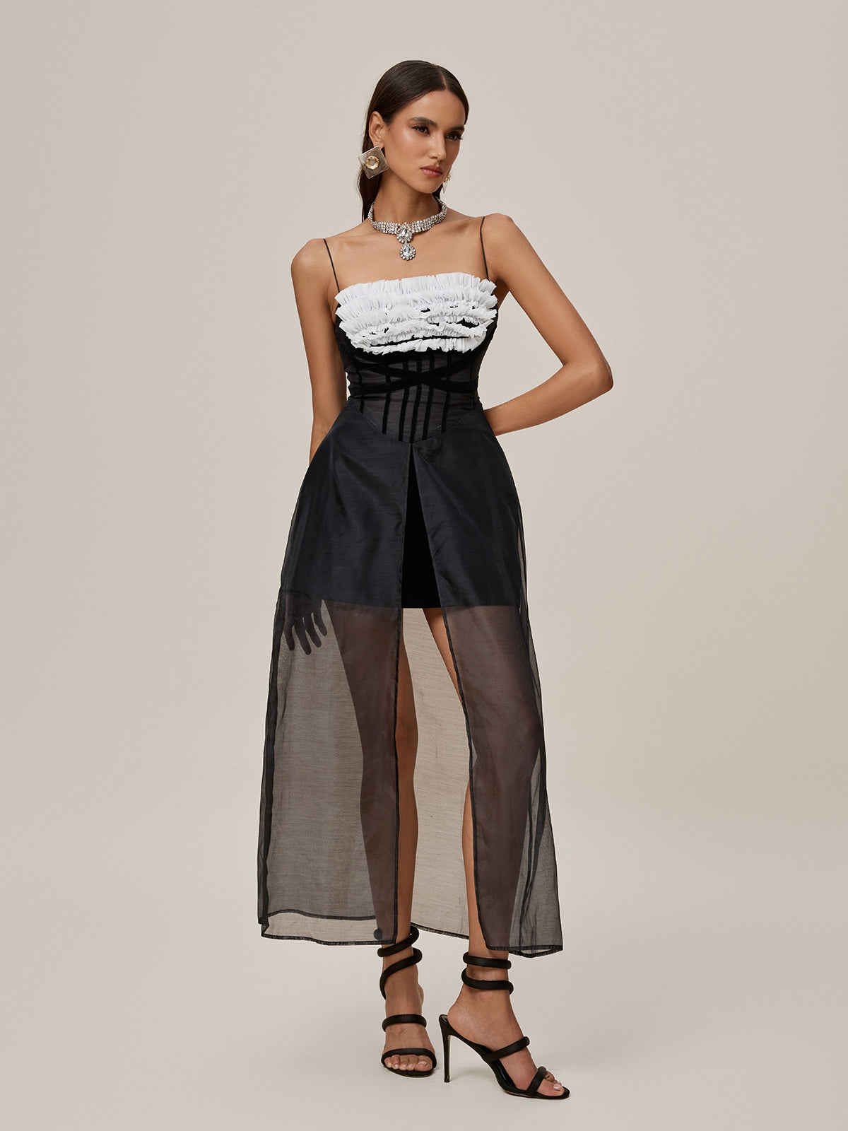 Spaghetti Mesh Split Maxi Dress
