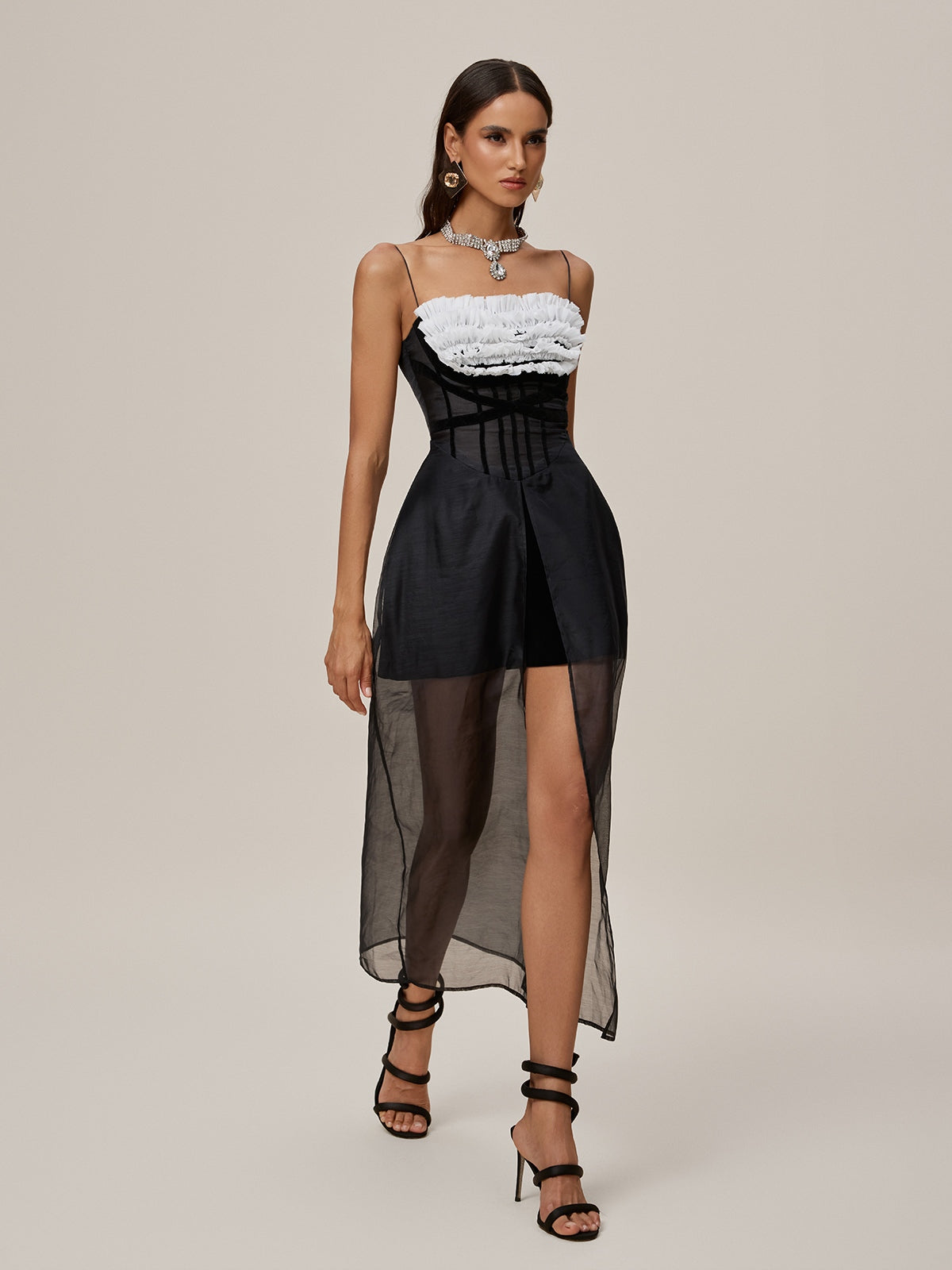 Spaghetti Mesh Split Maxi Dress