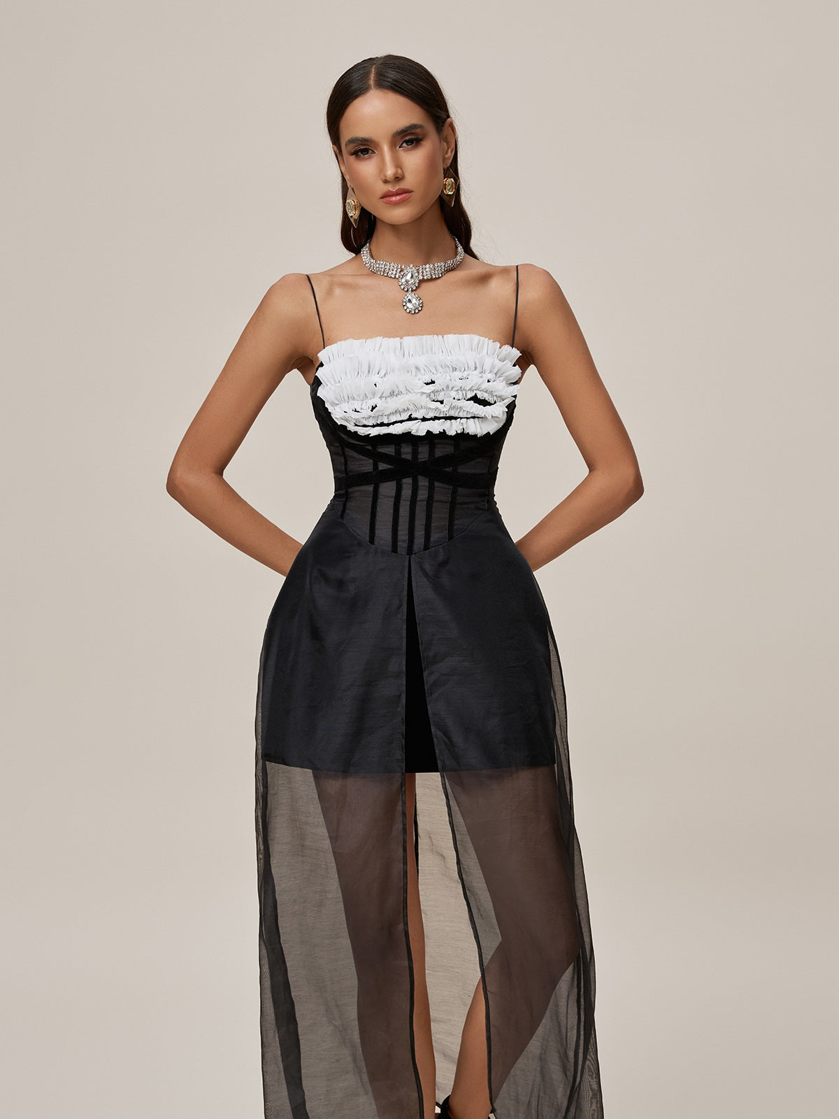 Spaghetti Mesh Split Maxi Dress