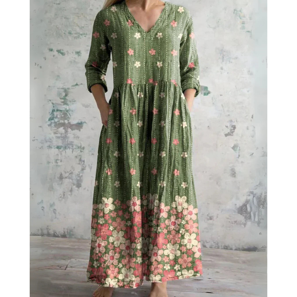 V-Neck Three-Quarter Sleeve Floral Print Pocket A-Line Maxi Dress