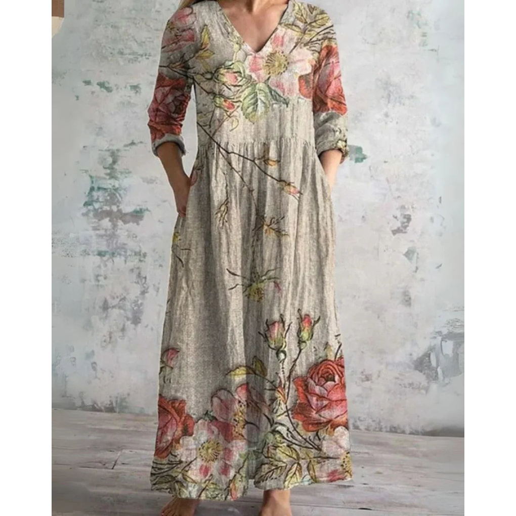 V-Neck Three-Quarter Sleeve Floral Print Pocket A-Line Maxi Dress