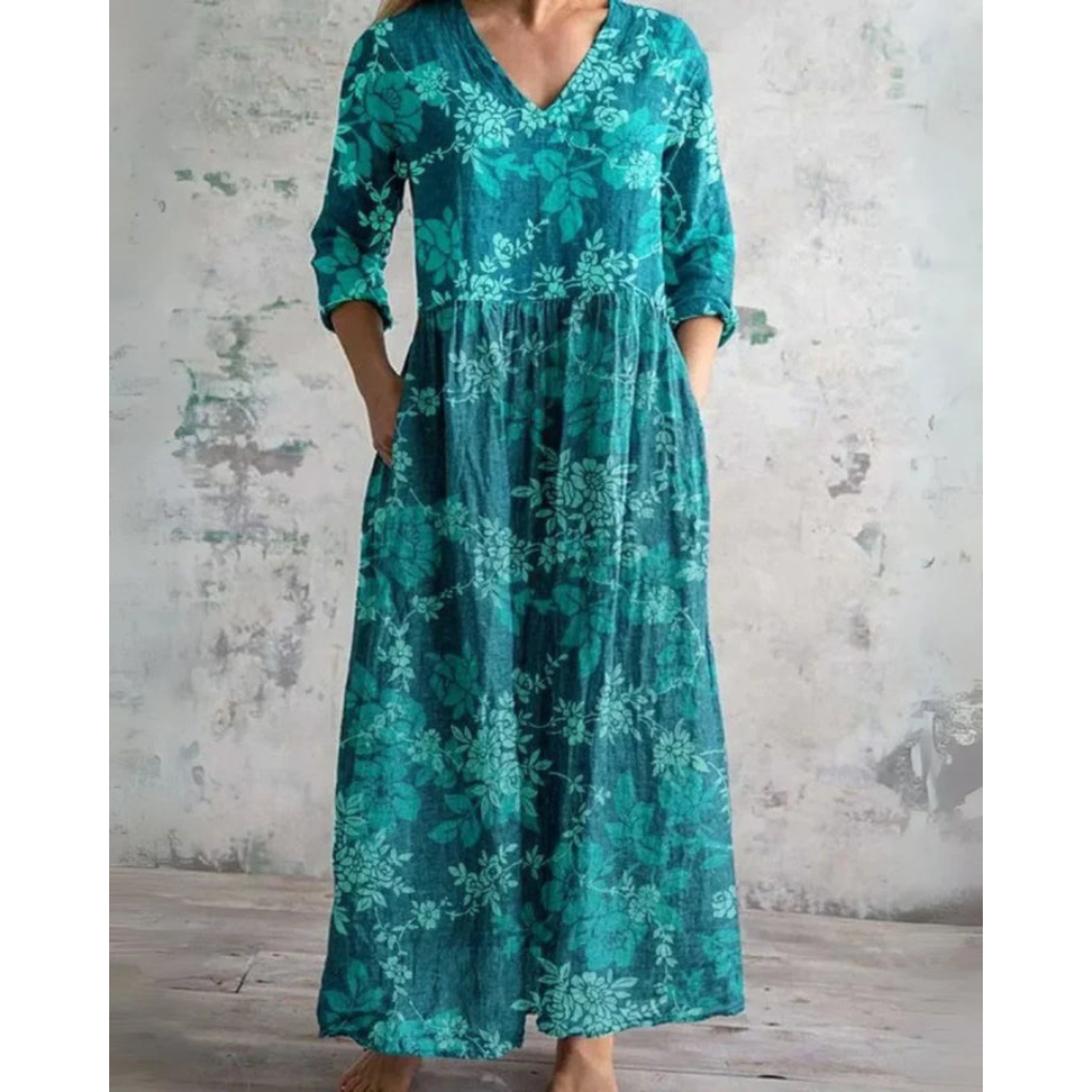 V-Neck Three-Quarter Sleeve Floral Print Pocket A-Line Maxi Dress