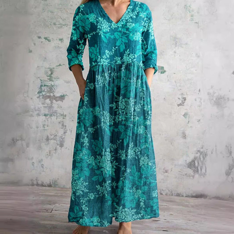 V-Neck Long Sleeve Floral Print Tiered Pocket Maxi Dress