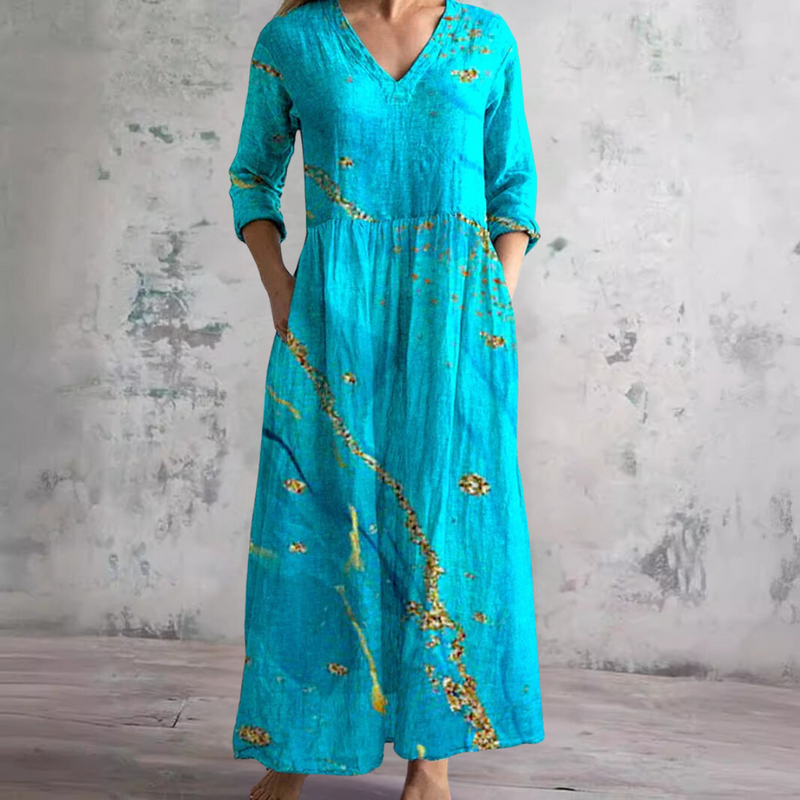 Blue V-Neck Marbled Print Long Sleeve Tiered Maxi Dress