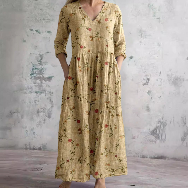 V-Neck Long Sleeve Floral Print Tiered Pocket Maxi Dress