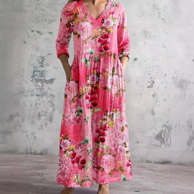 V-Neck Long Sleeve Floral Print Tiered Pocket Maxi Dress