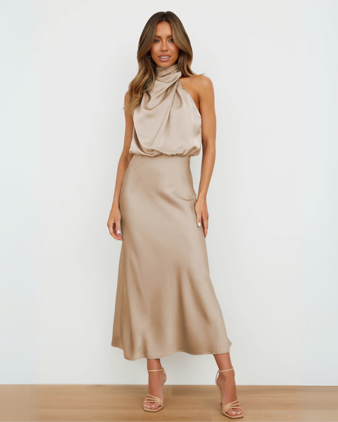 Draped Halter Neck Satin Sleeveless Blouson A-Line Midi Dress