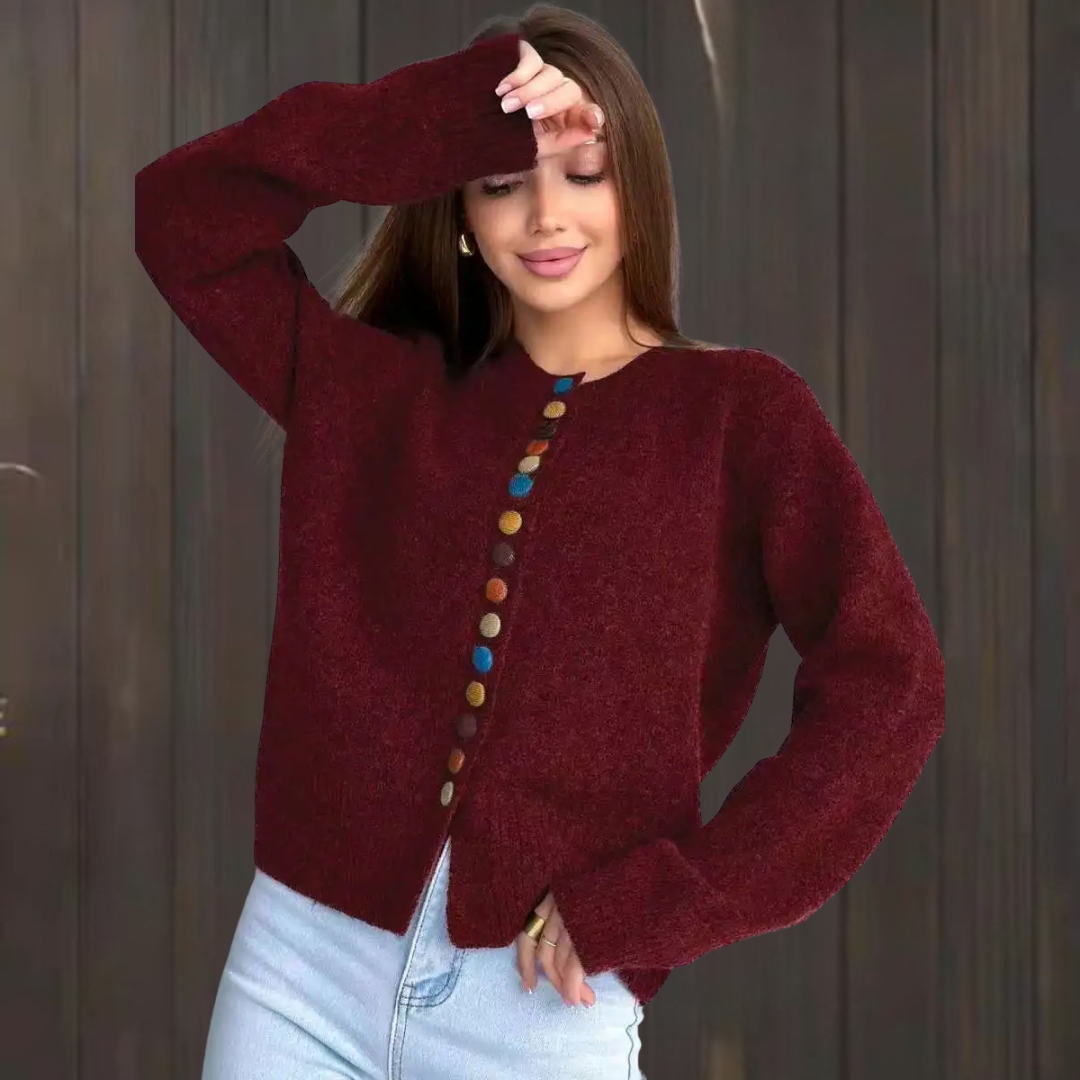 Round Neck Knit Button Front Long Sleeve Cardigan
