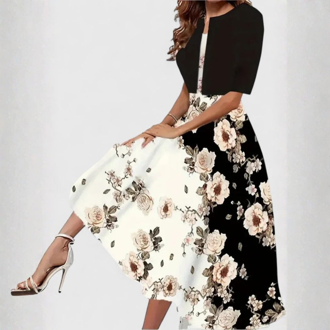 Split Neck Floral Print Long Sleeve Pleated A-Line Midi Dress 3