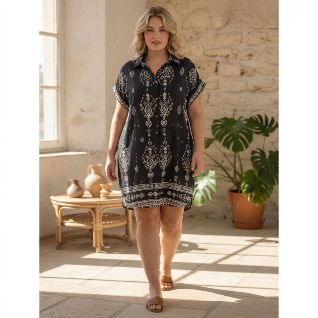 Collared Short Sleeve Baroque Border Print Shift Mini Dress